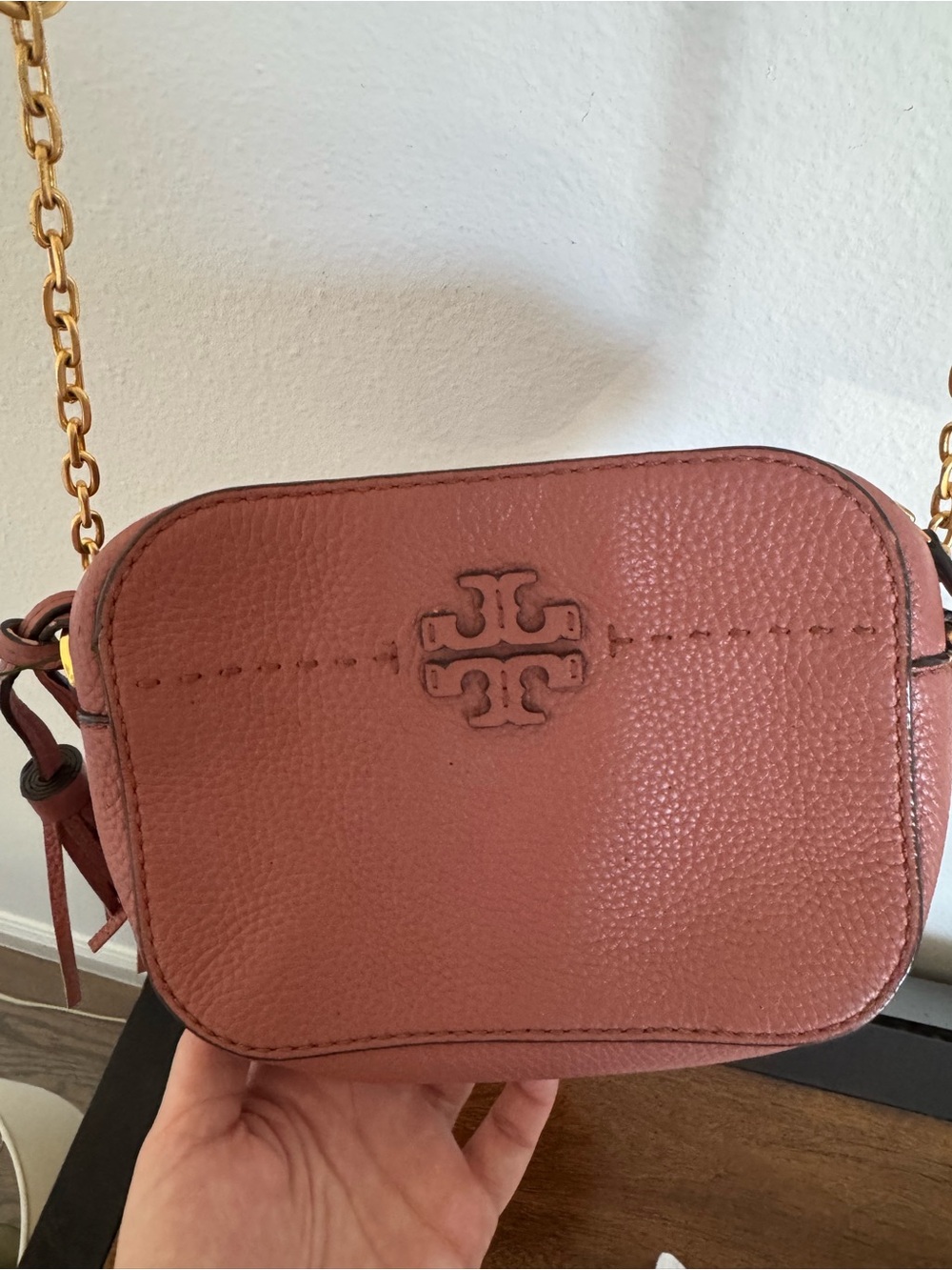 Tory Burch Pebbled Leather Crossbody in Dusty Rose Pink with Gold Chain